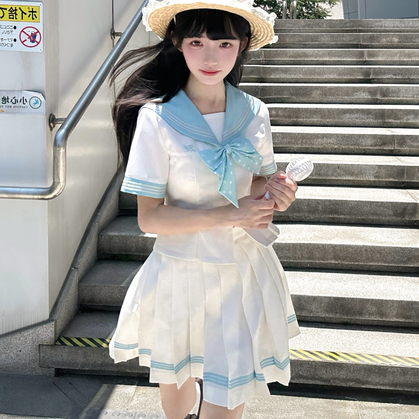 夏日和风铃 水泠夏 薄荷蓝色原创JK制装学院风收腰水手服短袖服套