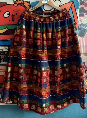 秋季新品红色复古半身裙子小众美术生油画家裙子色彩斑斓民族风