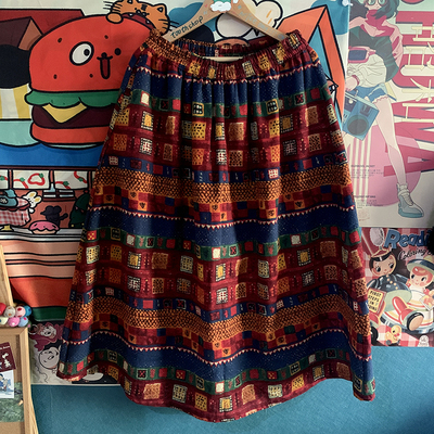 秋季新品红色复古半身裙子小众美术生油画家裙子色彩斑斓民族风