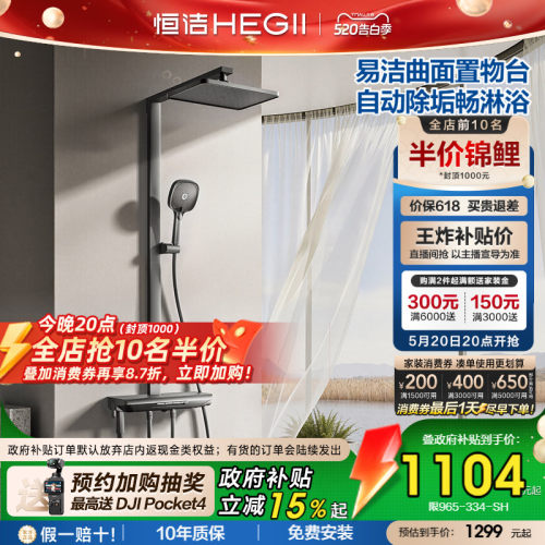 恒洁琴键方管铜除垢增压平台花洒