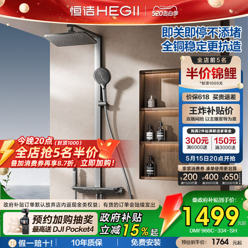 恒洁铜水路增压即关即停除垢花洒