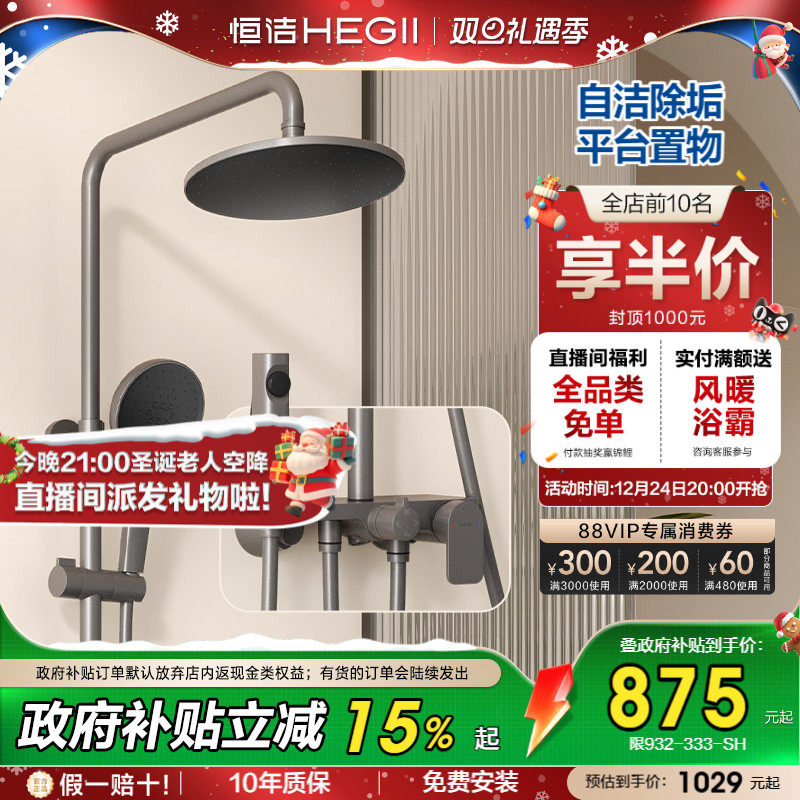 恒洁除垢自洁置物淋浴花洒套装家用卫生间明装沐浴枪灰淋浴器932