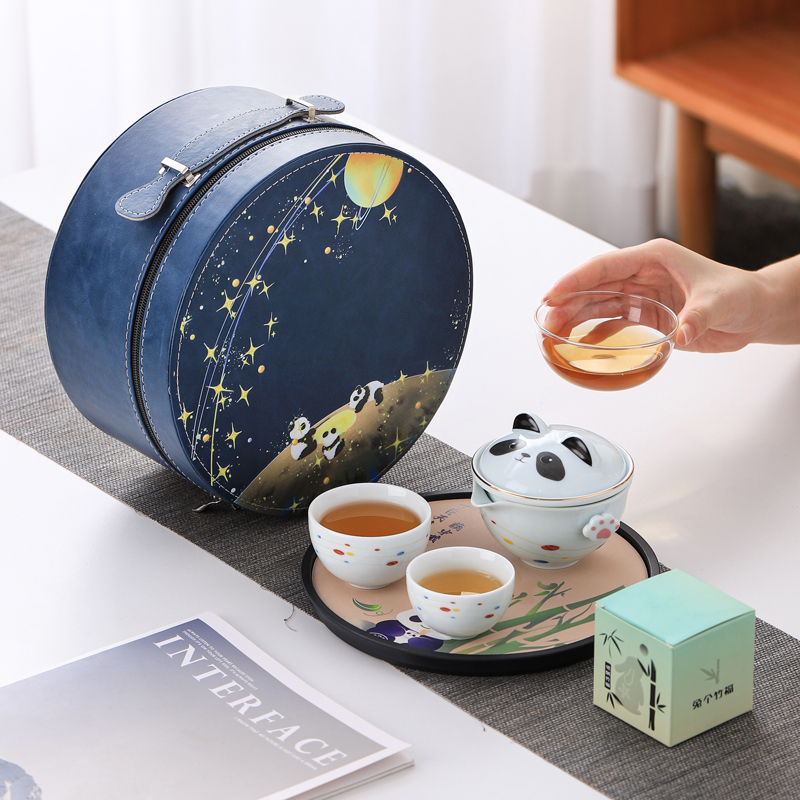 熊猫陶瓷旅行茶具套装快客杯一壶二杯商务伴手礼品定制logo送客户