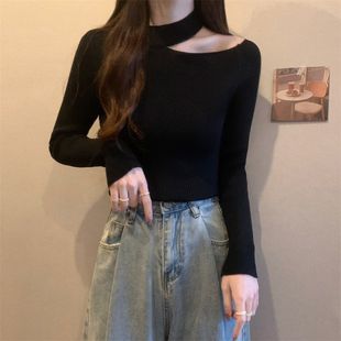 半高领针织毛衣打底衫 t恤洋气纯色上衣 2025秋冬性感露肩修身 长袖
