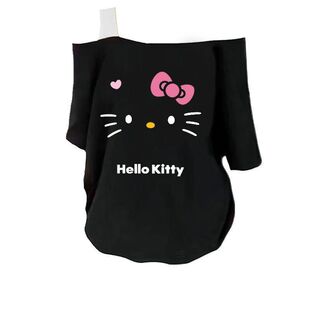 辣妹纯欲风露肩上衣ins 短袖 多巴胺可爱凯蒂猫斜肩短袖 T恤2025夏季