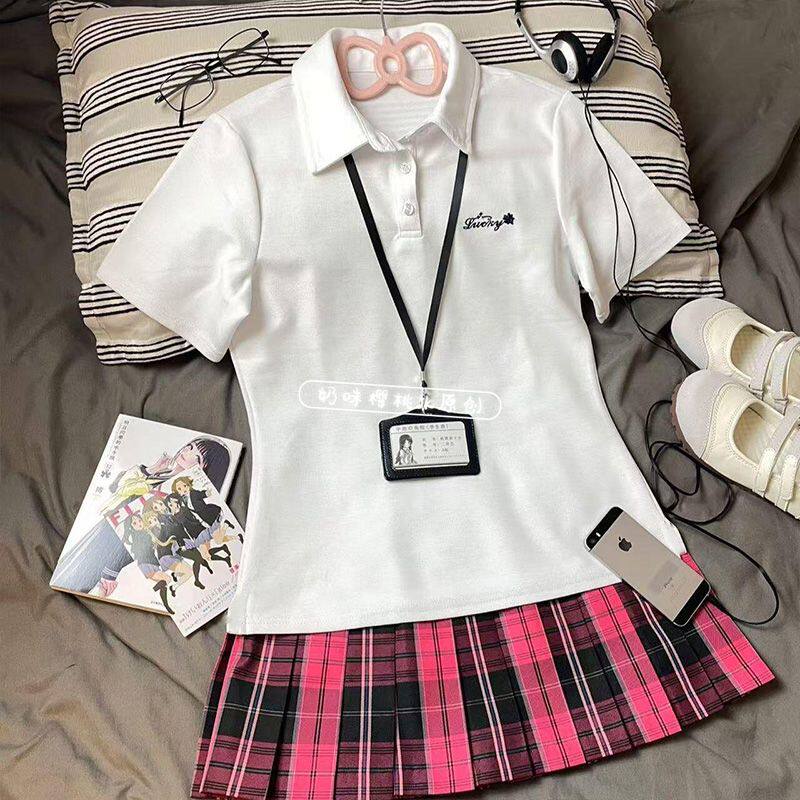 JK制服夏季新款Polo衫百搭学院风收腰印花短袖百搭T恤上衣潮ins女