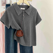 t恤女ins潮洋气宽松设计感Polo领上衣服2025新款 夏季 纯色正肩短袖