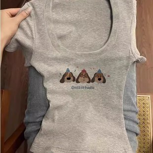 显瘦纯欲百搭上衣ins 美式 辣妹灰色u领短袖 t恤女夏季 小众洋气修身