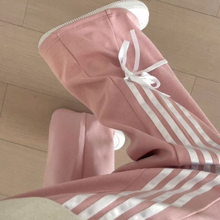 美式粉色蝴蝶结高腰直筒卫裤女春秋宽松显瘦垂感运动休闲阔腿裤潮