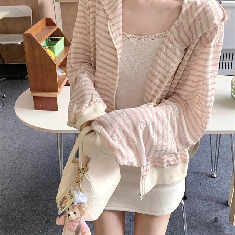 2025新款韩版百搭显瘦条纹防晒长袖连帽开衫罩衫宽松休闲外套女潮