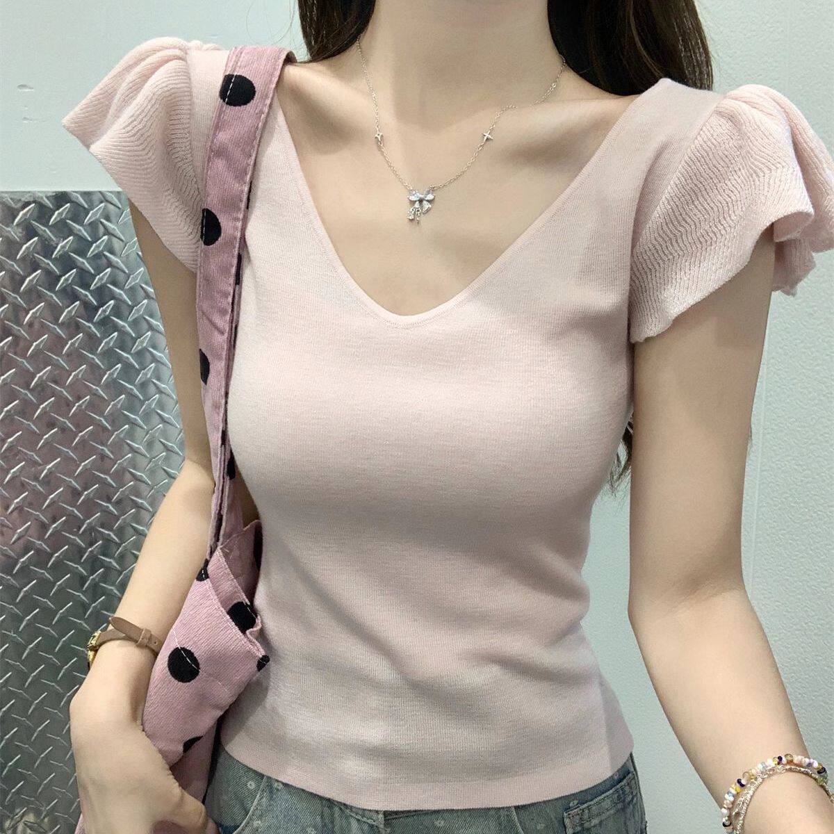 V领短袖针织衫正肩T恤夏季修身显瘦纯欲辣妹小飞袖短款上衣女ins