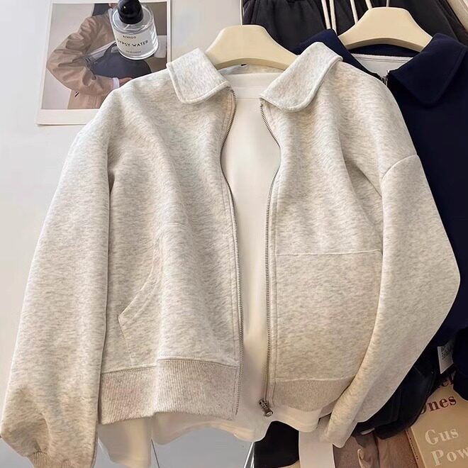 翻领复古polo双拉链卫衣秋冬加绒加厚短款开衫宽松小个子外套上衣