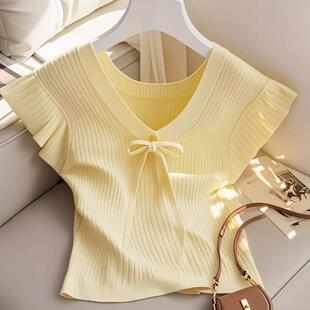 法式别致绝美设计感小众上衣夏季薄款修身显瘦黄色针织短袖T恤女