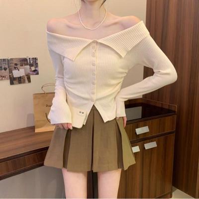 高级感一字肩针织长袖T恤女秋毛衣外穿内搭修身短款长袖开衫上衣