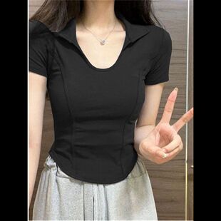 正肩T恤设计感短袖 上衣修身 甜辣收腰显瘦短款 2026小众韩系新美式