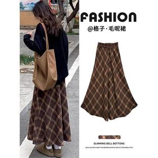 韩系春秋百搭时尚美拉德棕色半身裙女高腰a字裙中长款毛呢格子裙