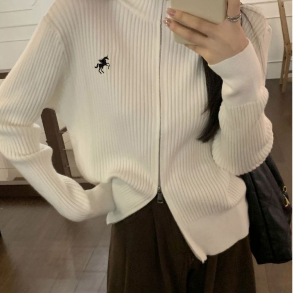 小众刺绣坑条立领毛衣外套女