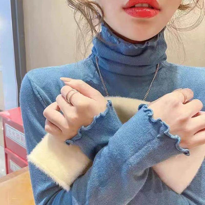 木耳边高领打底衫女秋冬季新款小众内搭纯色毛衣针织衫长袖上衣潮