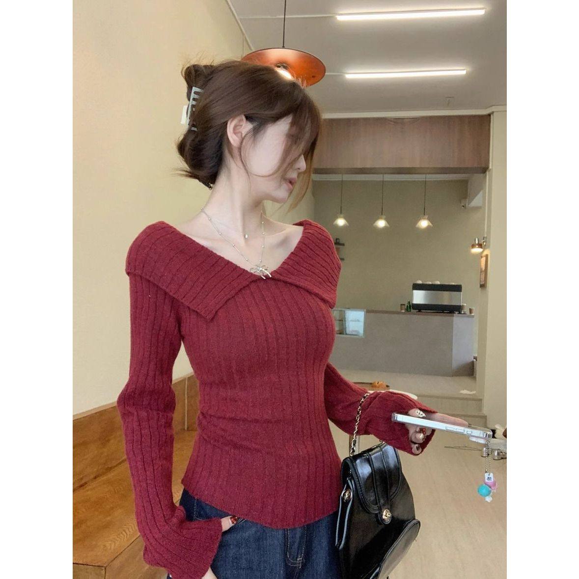 法式甜美打底衫女秋冬减龄修身翻领坑条毛衣韩系长袖针织衫上衣潮