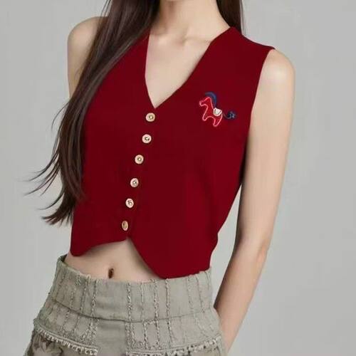 韩系法式V领排扣针织马甲女