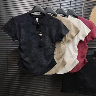新款 t恤女夏季 设计感别致盘扣百搭上衣女 国风晕染短袖 小众新中式