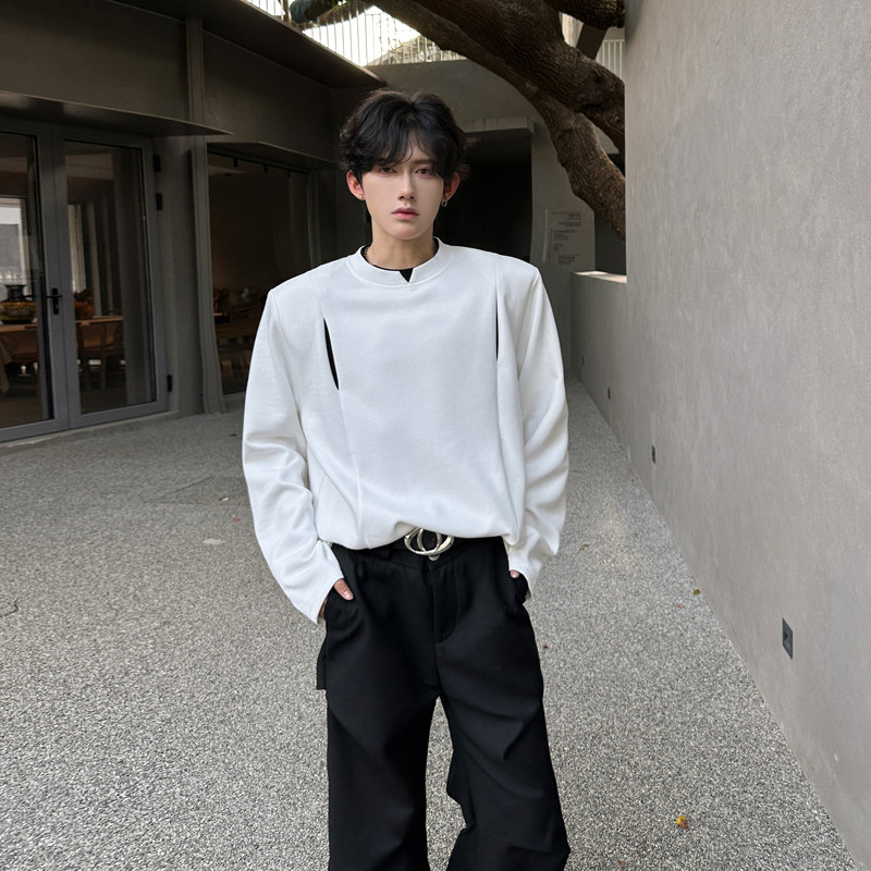 C75重磅垫肩设计感小众长袖T恤男秋季韩版假两件卫衣男P48黑色,男装T恤,星座404A