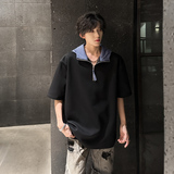 T78重磅短袖假两件连帽小众设计师款韩版潮流T男P48黑色，男装T恤，星座404A