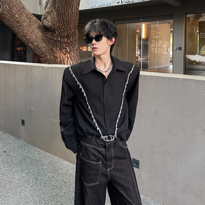CS01 垫肩解构设计款衬衫小众韩系潮流衬衣男长袖衬衫 P65 黑图片