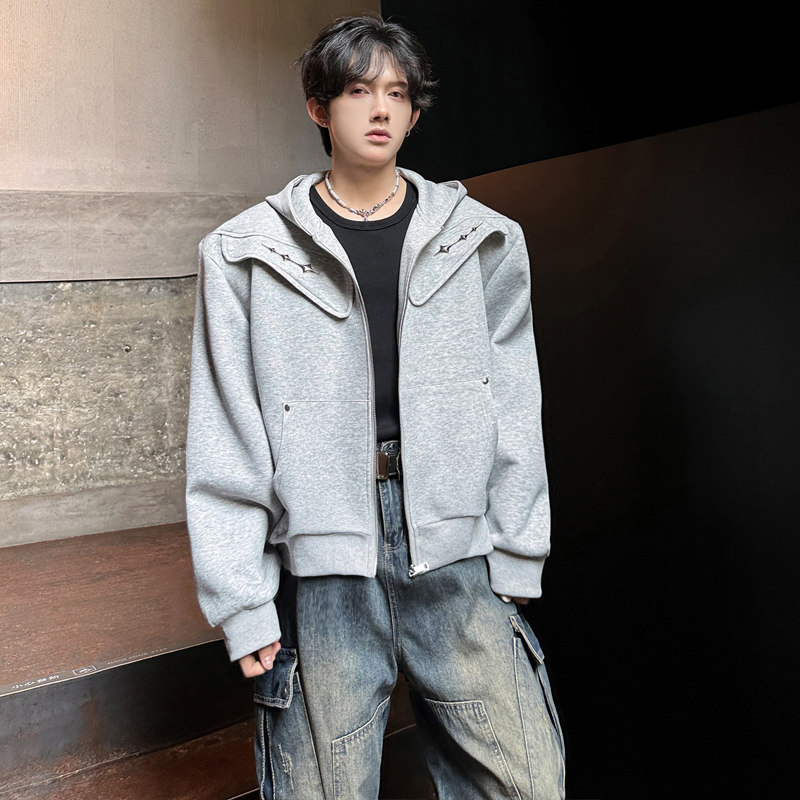 JK03重磅垫肩小众解构潮流开衫外套男宽松连帽卫衣男P88灰色,女装短外套,星座404A