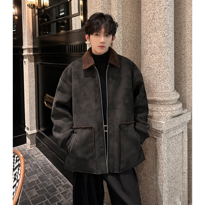 JK31新款加厚皮毛一体外套男款潮牌高级感棉衣男P128灰，男装棉衣，星座404A