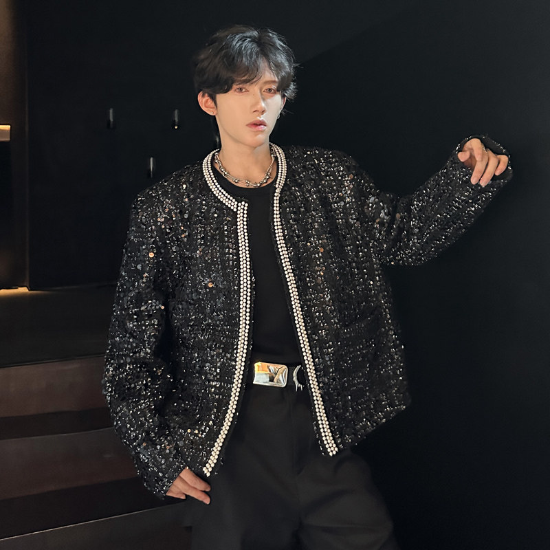 JK18小香风外套无领夹克小众垫肩韩版演出服呢料外套男P138图色,男装夹克,星座404A