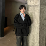 JK06假两件V领卫衣男衬衫领潮流宽松连帽卫衣男P68黑色，男装衬衫，星座404A