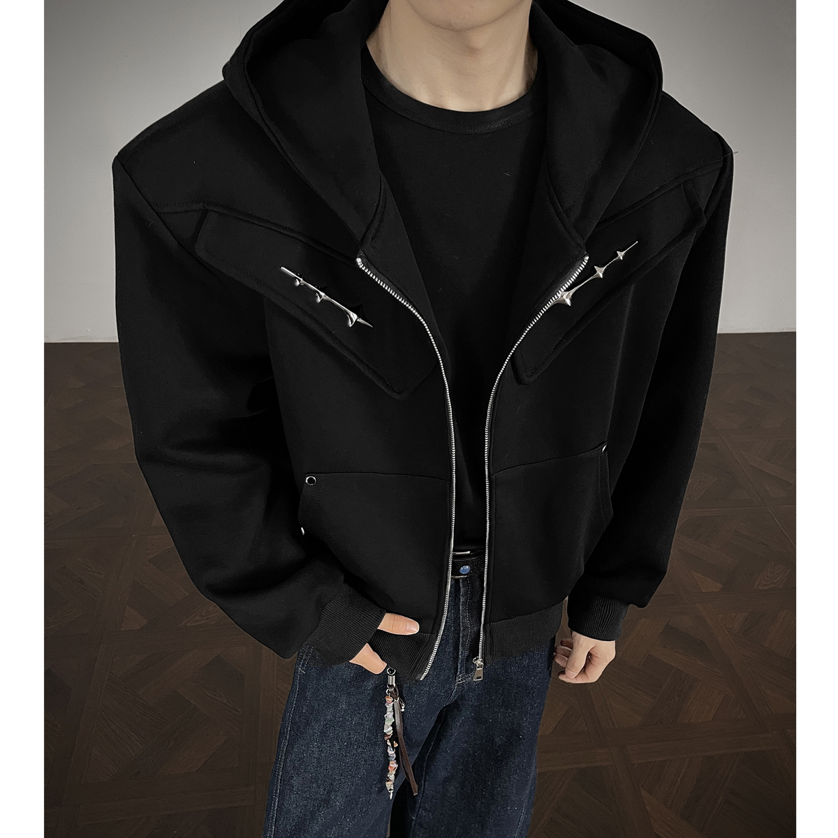 JK03重磅垫肩小众解构潮流开衫外套宽松连帽卫衣男P88黑,女装短外套,星座404A JK03重磅垫肩小众解构潮流开衫外套宽松连帽卫衣男P88黑,女装短外套,星座404A