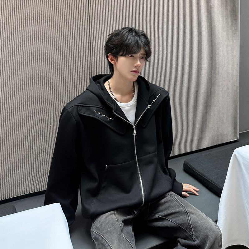 JK03重磅垫肩小众解构潮流开衫外套男宽松连帽卫衣男P88灰,女装短外套,星座404A