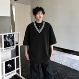 T93重磅小众贵族T恤夏韩版宽松韩版撞色半袖男P48黑色，男装T恤，星座404A