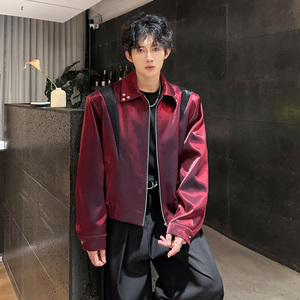 JK01 短款解构小众外套男垫肩撞色夹克韩版宽松男装 P98 红色图片
