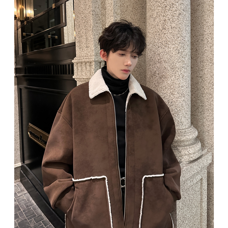 JK31新款加厚皮毛一体外套男款潮牌高级感棉衣男P128棕色，男装棉衣，星座404A