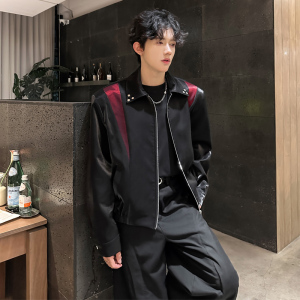 JK01 短款解构小众外套男垫肩撞色夹克韩版宽松男装 P98 红色图片