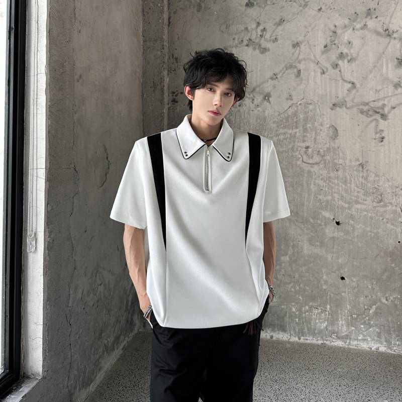 T92重磅小众设计感短袖polo计师款韩版潮流翻领半袖T男P58白色,男装T恤,星座404A