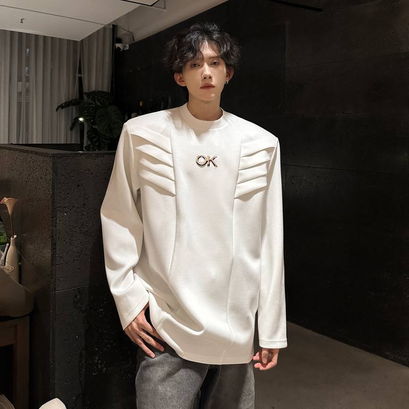 C15新款垫肩设计感小众长袖T恤男秋季韩版宽松卫衣男P58白色，男装T恤，星座404A