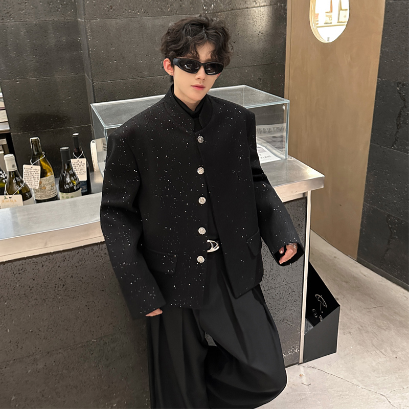 JK07小众垫肩立领外套韩版短款呢料外套男P118黑色，女装短外套，星座404A