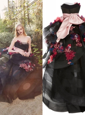 Marchesa新款黑色抹胸仙仙花朵多层宴会酒会生日舞会主持年会礼服