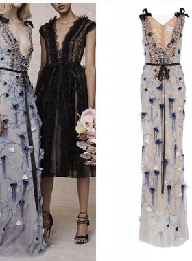 Marchesa蓝色花朵钉珠仙仙晚礼服名媛生日年会宴会酒会派对长礼服