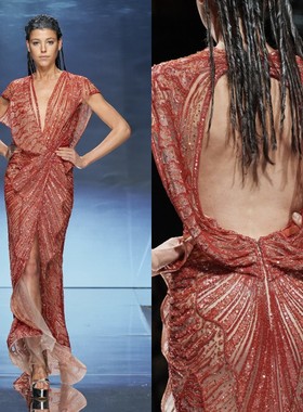 2020新款橘红色奢华钉珠想干深V修身露背名媛宴会酒会红毯晚礼服