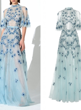 蓝色仙仙网纱长礼服奢华大牌年会主持生日派对晚礼服新娘敬酒服