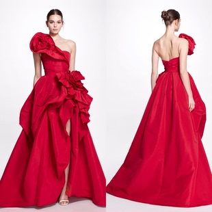 红色塔夫绸女神单肩娇艳玫瑰花侧开叉新娘敬酒服年会主持毕业舞会