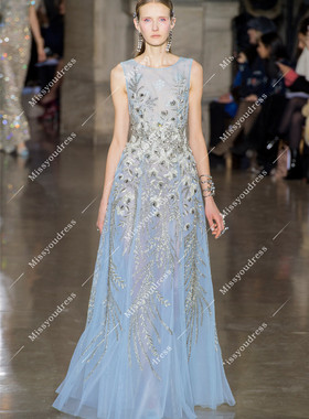 新款灰蓝色奢华重工仙仙新娘敬酒服年会酒会生日宴会主持礼服定制