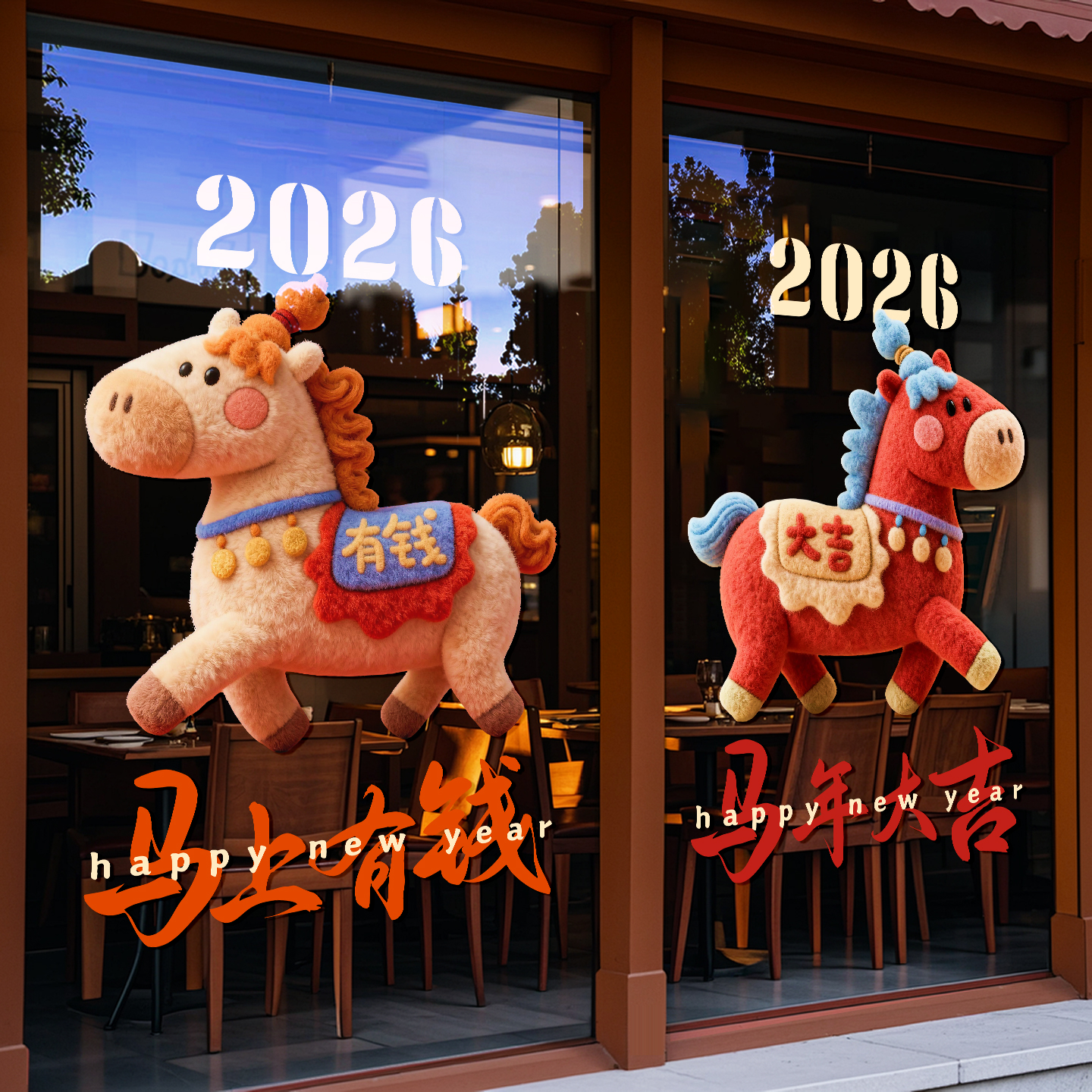 新年装饰卡通毛绒马贴纸