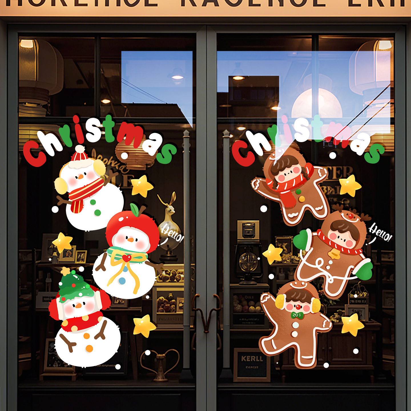 圣诞节装饰玻璃门贴纸商场橱窗贴活动氛围布置雪人姜饼人静电贴画