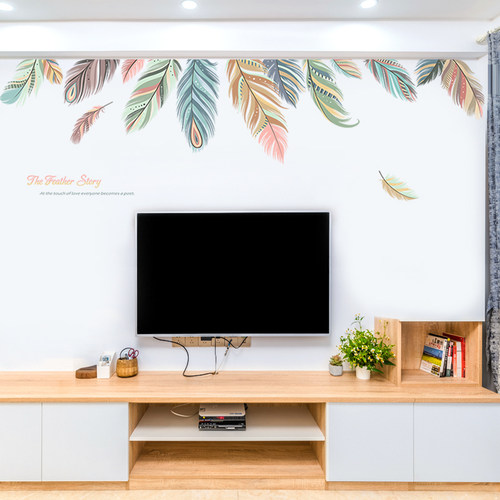 清新羽毛贴画电视贴纸踢脚线墙贴